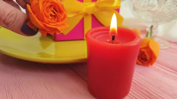 Gift Box Rose Candle Plate Slow Motion — Stock Video