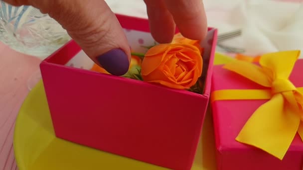 Подарочная Коробка Розовый Цветок Пластины Замедленной Рукой — стоковое видео
