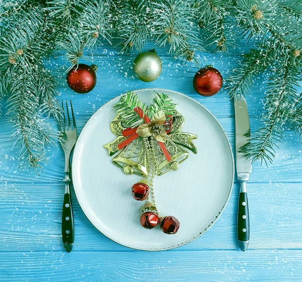 Christmas Tree Branch Plate Blue Wooden Background Snow — Stock Photo, Image