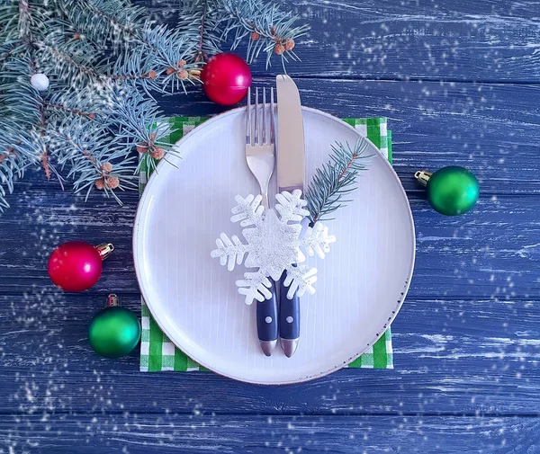 Plate Fork Knife Christmas Tree Branch Wooden Background Snow — Stock Photo, Image
