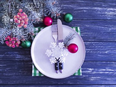 tabak çatal bıçak Noel ağacı dalı ahşap arka plan kar