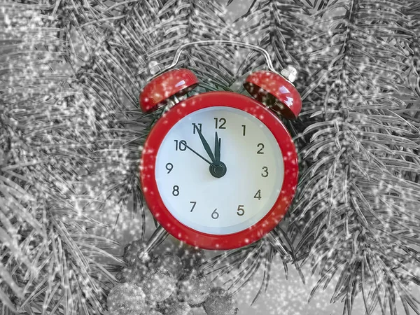 Christmas Tree Branch Alarm Clock Wooden Snow Background — Stock Photo, Image