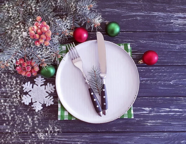 Christmas Tree Branch Plate Fork Knife Wooden Background — Stock Photo, Image