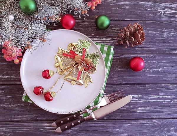 Christmas Tree Branch Plate Fork Knife Wooden Background — Stock Photo, Image