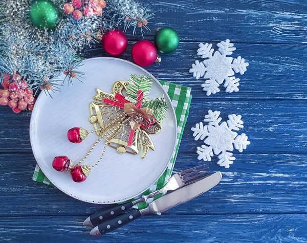 Christmas Tree Branch Plate Fork Knife Wooden Background — Stock Photo, Image