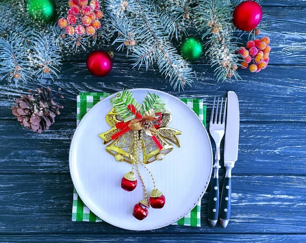 Christmas Tree Branch Plate Fork Knife Wooden Background — Stock Photo, Image