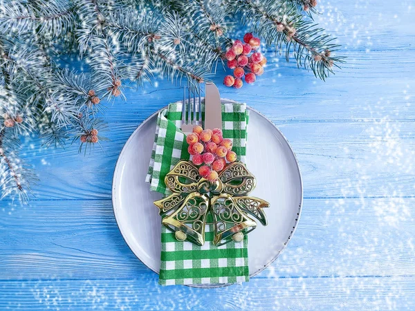 Plate Christmas Tree Branch Wooden Background Frame — Stock Photo, Image