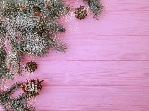 クリスマス ツリー ブランチ ピンクの木製の背景にバンプ — ストック写真