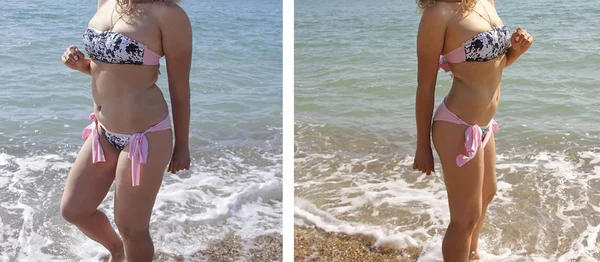 Kız Önce Sonra Diyet Zayıflama Denizi Üzerinde Bir Mayo — Stok fotoğraf