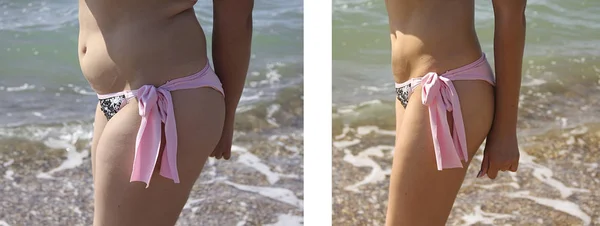 Mädchen Badeanzug Auf Dem Meer Beim Abnehmen Vor Und Nach — Stockfoto