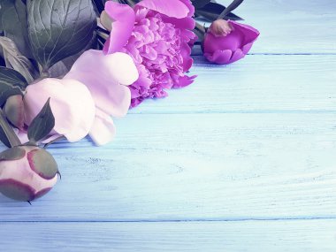 üzerinde mavi ahşap arka plan vintage Peony buket