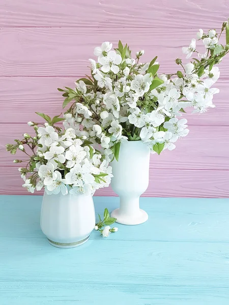 Flores Cerezo Jarrón Sobre Fondo Madera — Foto de Stock