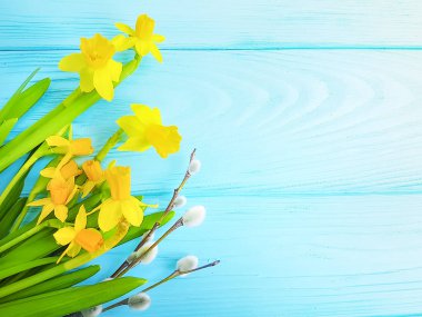 nergis, mavi ahşap kabarık söğüt