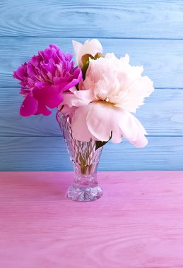 ahşap arka plan üzerinde bir vazoda güzel çiçek açan şakayık