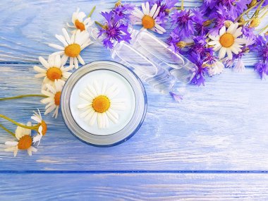 kozmetik krem, papatya çiçeği, peygamber çiçeği, ahşap arka plan