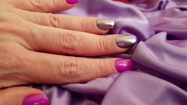 Female Hand Manicure Fabric Silk Slow Motion — Stock Video