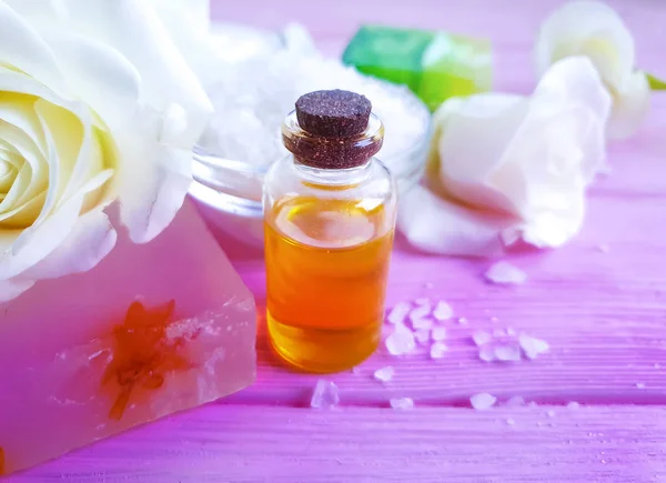 Oil Rose Flower Salt Soap Wooden Background — Stock Photo, Image