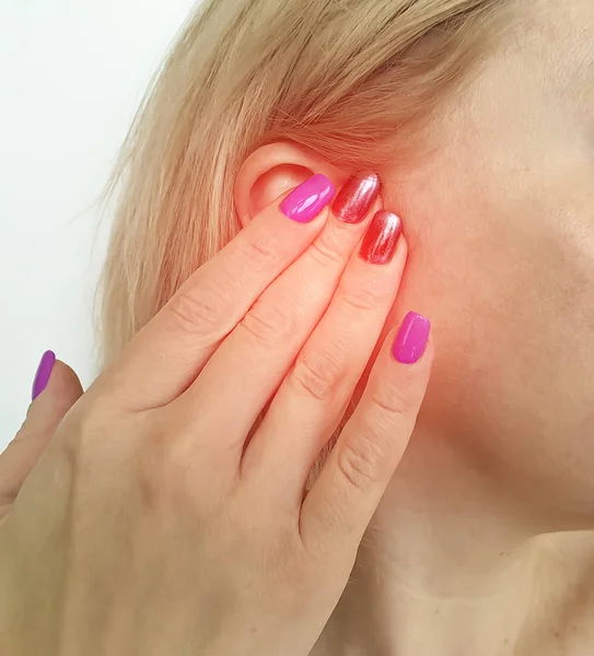 Woman Hurts Ear Hearing Loss Concept — Stock Photo, Image