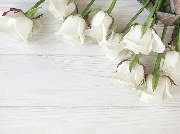 Hermosas Rosas Sobre Marco Fondo Madera Blanca — Foto de Stock