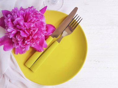 güzel Şakayık renk plaka Beyaz ahşap zemin üzerinde