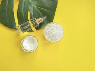 Sarı bir arka plan üzerinde kozmetik krem, monstera yaprak