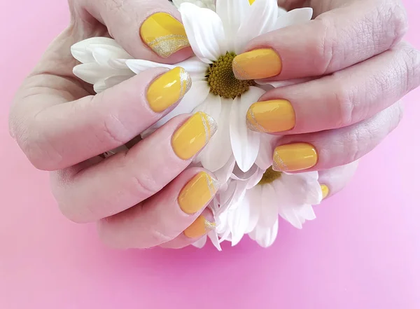Mains Féminines Manucure Fleur Chrysanthème Sur Fond Coloré — Photo