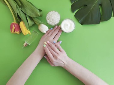 kadın elleri manikür, kozmetik krem, renkli bir arka planda Monstera lale yaprağı