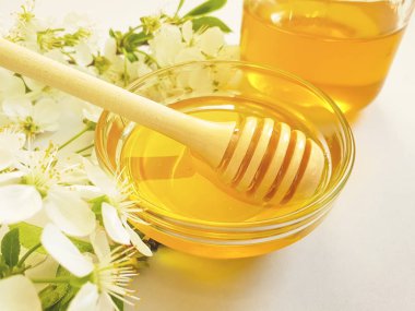 bal, renkli bir arka plan üzerinde kiraz çiçekleri