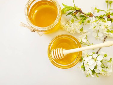 bal, renkli bir arka plan üzerinde kiraz çiçekleri