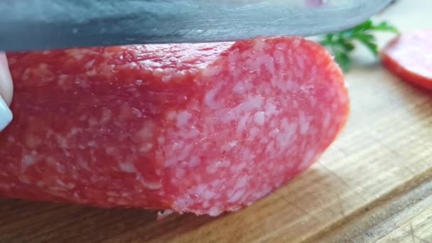 Salami Sausage Knife Cut Slow Motion — Stock Video