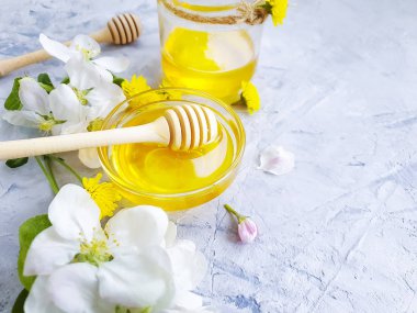 fresh honey, blooming cherry, chrysanthemum on gray concrete background