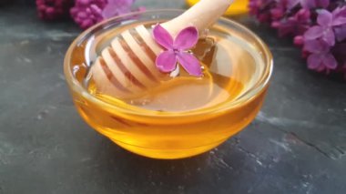 siyah beton arka plan üzerinde bal damlayan leylak çiçek, yavaş hareket