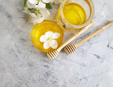 taze doğal bal, gri beton arka plan üzerinde elma ağacı açan