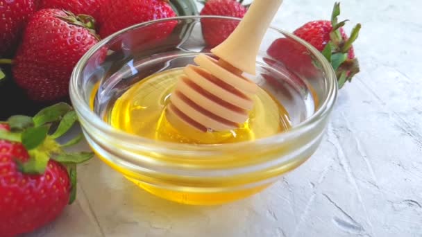 Fresh Honey Dripping Strawberry Slow Motion — Αρχείο Βίντεο