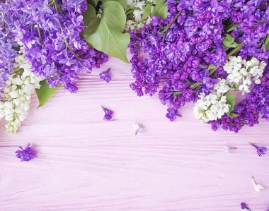 pembe ahşap arka plan çerçeve üzerinde Lila çiçek