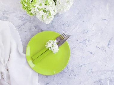 beton bir arka plan üzerinde ortanca çiçek plaka