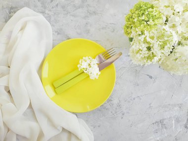 beton bir arka plan üzerinde ortanca çiçek plaka