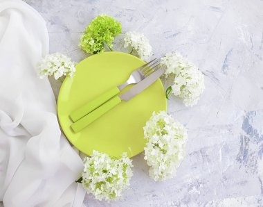 beton bir arka plan üzerinde ortanca çiçek plaka