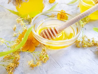 fresh honey linden flower on gray concrete background