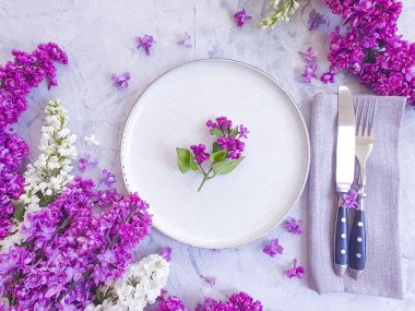 gri beton arka plan üzerinde leylak çiçek plaka