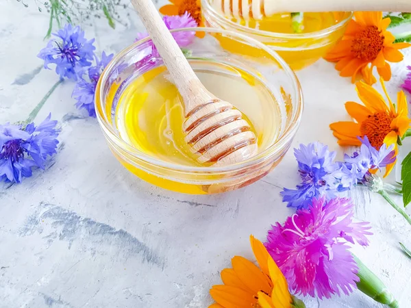 Färsk Honung Blomma Calendula Blåklint Grå Betong Bakgrund — Stockfoto