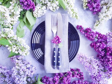 gri beton arka plan üzerinde plaka çiçek leylak