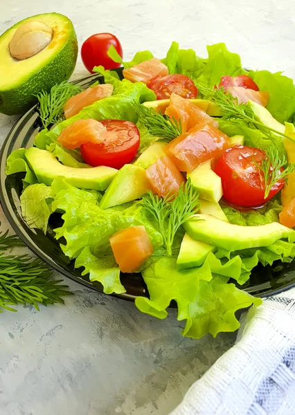 Avocadosalat Lachs Auf Grauem Betongrund — Stockfoto