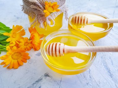 gri beton arka plan üzerinde taze bal çiçeği calendula