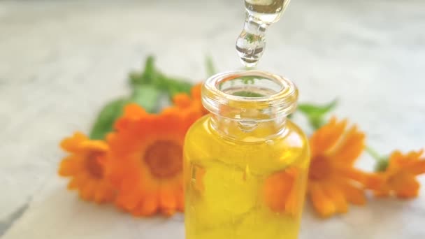 Olio Cosmetico Fiore Calendula Rallentatore — Video Stock