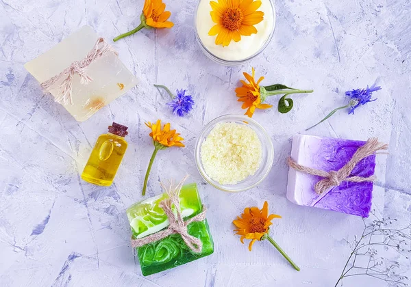 Cosmetic Cream Oil Soap Calendula Flower Gray Concrete Background — Stock Photo, Image