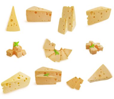 Peynir bloğu, beyaz arka plan seti üzerinde nane yaprağı