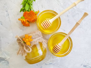 gri beton arka plan üzerinde taze bal çiçeği calendula