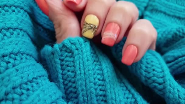 Female Hand Beautiful Orange Manicure Slow Motion — Stock Video