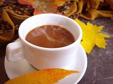 Sonbahar yaprakları beton arka planda bir fincan kahve.